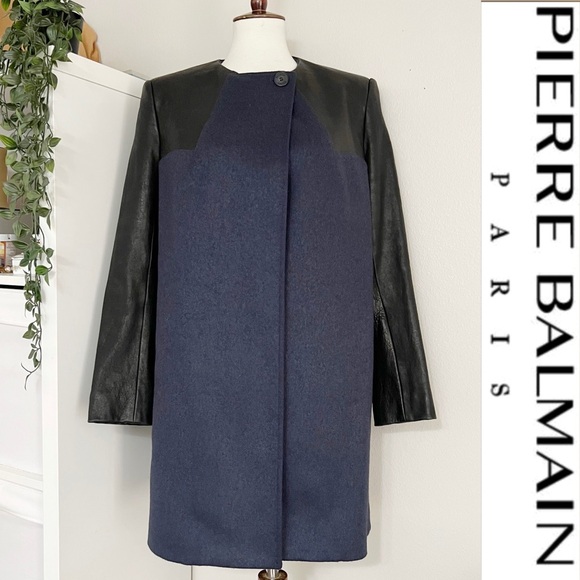 Pierre Balmain Jackets & Blazers - Pierre Balmain Womens Leather Panel Wool Blend Coat Size 30 Luxury Winter‎